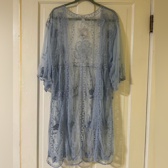 NWT: LC Lauren Conrad Crocheted Lace Flowered Blue Sheer Kimono Duster - Picture 2 of 16